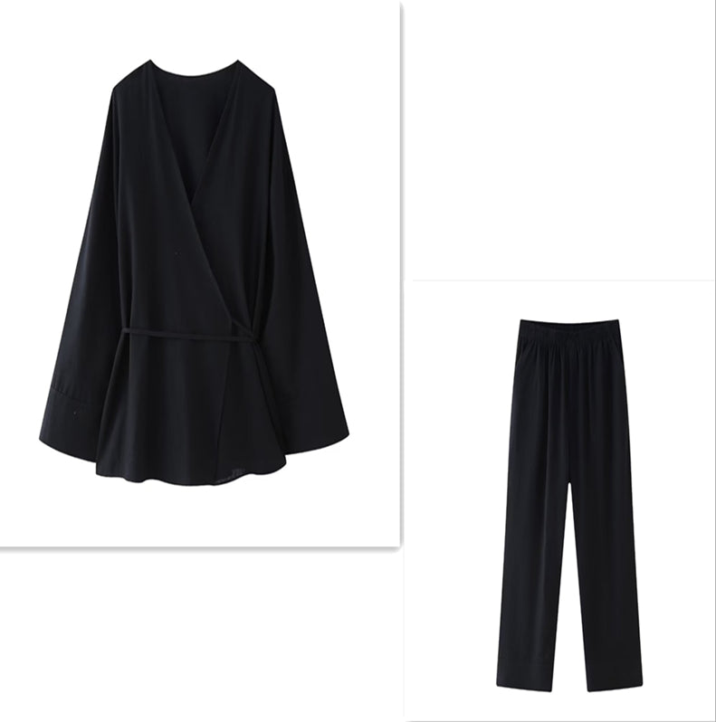 European And American Style Double Breasted Kimono Outerwear Casual Pants